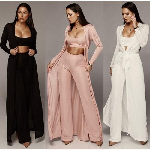3 PIECE SET Ladies Cardigan X Long Cloak Coat Crop Top Strech Pants Knitted Three PIECE SET Women Outfits Ribbed Suits Elegant
