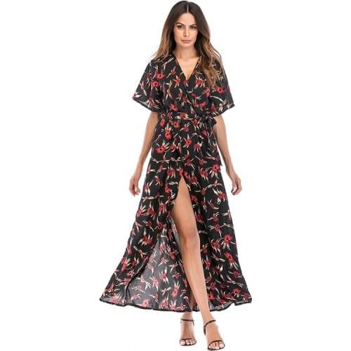 2019 Summer Vogue Printing Floral Dress Women Long Irregular Short Sleeve Open Spliting Clothes Beach Flower Dresses Casual Jurk