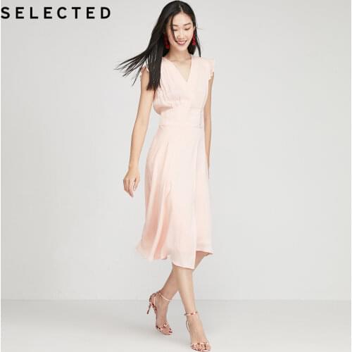 SELECTED Womens V-neck Ruffled Pleated Elegant Commuter Mid-length Dress S|42022J511