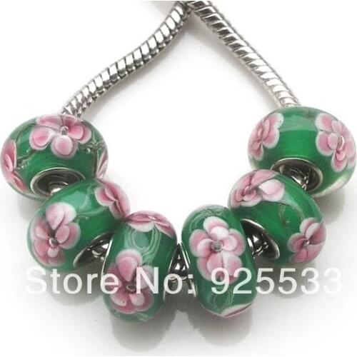 Free Shipping 20PCS Green AAA Quality Glass Silver Plated Core Big Hole Loose Beads fit European Braclet Charms DIY