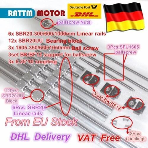 EU free VAT 3 ballscrew SFU1605-350/650/1050+3BK/BF12+3sets SBR20 Linear Guide rails+3 couplers for CNC Router Milling Machine