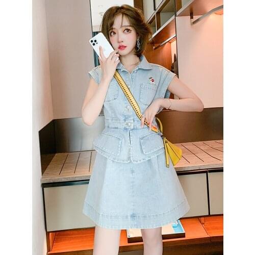 Top Quality Lace up shirt+Print suspender dress 2-piece summer new