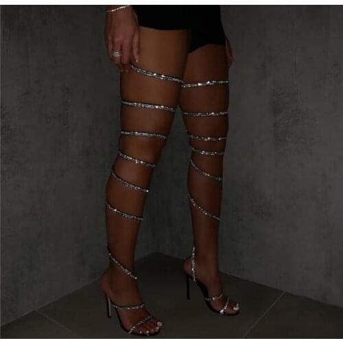 Hot Black Sliver Rhinestone Strap Gladiator Over The Knee Sandals Boots Woman Bling Crystal Cross Strip Heels Thigh Long Boots