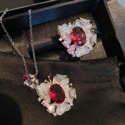Fashion Luxury 925 Sterling Silver Two Tone Crystal Butterfly Earring Dove Egg Ruby Ring Jewelry Set Micro Inlay Pink Zirconia