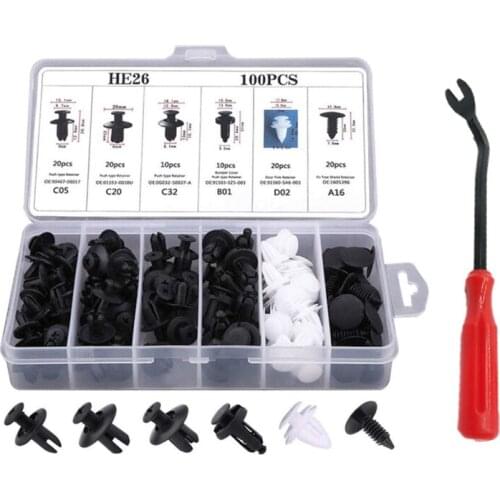 100pc HE26 Mixed Auto Fastener Clip Screwdriver Kit Car Body Push Retainer Pin Rivet Bumper Door Trim Panel Retainer Car Parts