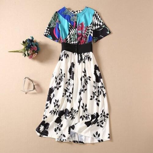 American New European and womens dresses for spring 2021 With short sleeves Round collar Splicing printing Fashion dress