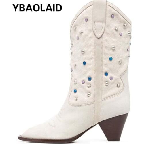 Autumn and Winter New Style Pointed Cow Suede Fashion Printing Rivet Color Diamond Tapered Heel One-step Mid-tube Womens Boots