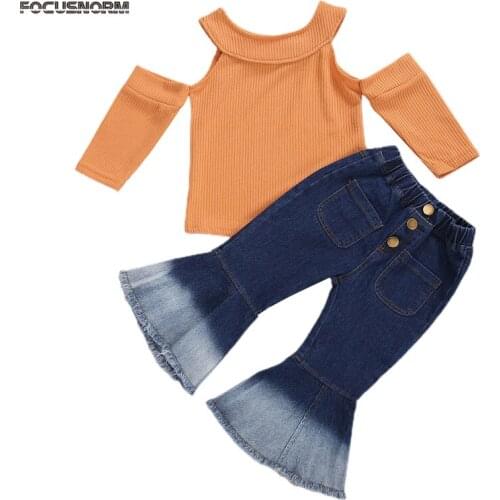 Autumn Fashion Baby Girls Clothes Sets 1-7Y Knit Long Sleeve Off Shoulder Sweater Tops Denim Flare Pants
