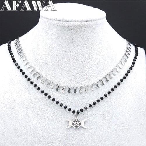 Stainless Steel Black Crystal Bead Gothic Moon Sun Pentagram Necklace Silver Color Layer Necklaces Jewelry bijoux femme N3515S02