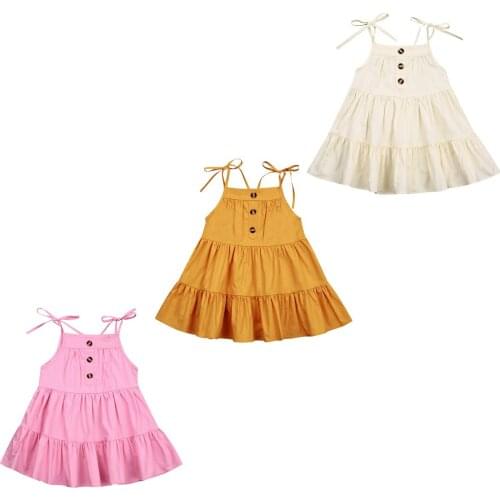Princess Infant Kids Girls Dress Shoulder Strap Solid Color Sling Button Cake Layered A-Line Dress 0-5Y