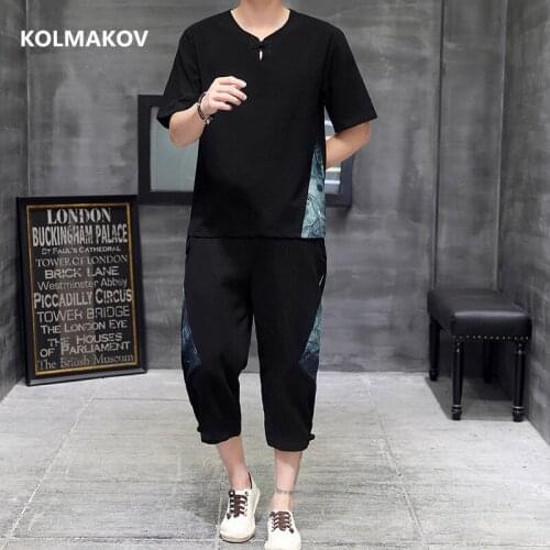 Shirt + trousers)2021 summer printing design men shirt Cotton and linen shirts three quarter trousers mens shirts size M-5XL