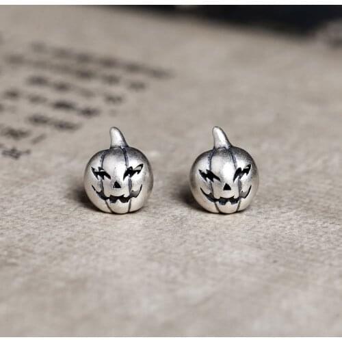 S925 Sterling Silver Semi-Stereo Halloween Pumpkin Head Earrings Punk Cool Ear Jewelry