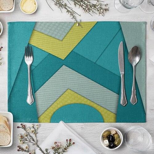 Geometric Pattern Placemat Blue Triangle Dining Table Mats Drink Coasters Cotton Linen Pads 40*30cm Kitchen Accessories