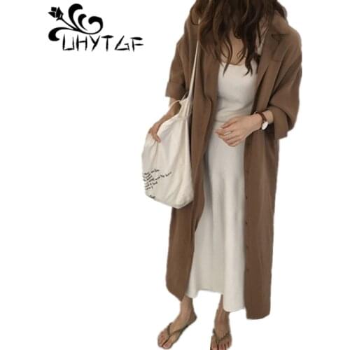 UHYTGF New 2019 Womens classic Design Long section Women Slim trench Coat Lace Korean Thin Fashion Women overcoats Cardigan 223