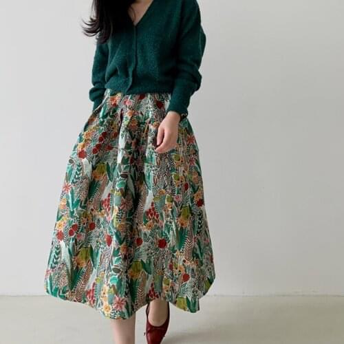 Spring Summer Jazz China Countryside Vintage Flower Print Puffy Bud Skirt Female Elastic High Waist A-Line Skirts Women Clothes
