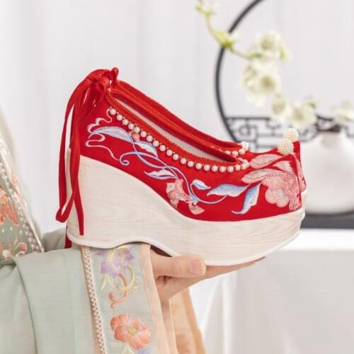 9Style Women Chinese Style Hanfu Embroidered Shoes Ancient Fairy Cosplay Ankle Boots Vintage Pearl Cheongsam High-heeled Shoes
