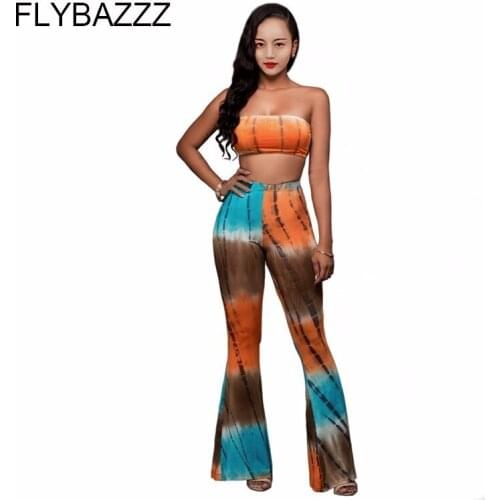 Ladies Trousers Fitness Womens Long Yoga Pants Tie-Dye Pattern Print Wide leg Bandage Legging Soft Flare Pants+Sleeveless Tops