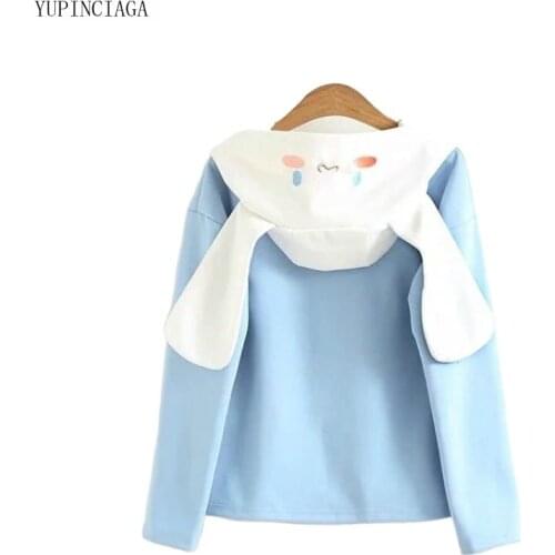 Summer 2021 Women Harajuku Lace-Up Long-Sleeved Hoodies Sweatshirts Japan Style With Cute Rabbit Ears On Hood Pullovers