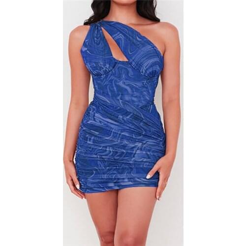 Women One-shoulder Sheath Dress Sleeveless Backless Wave Print Hollow Out Mini Dresses Sexy Party Cut out Bodycon Dress Summer