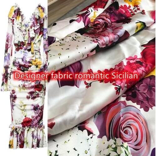 145cm*100cmDesigner fabric romantic Sicilian goddess temperament purple flower brocade silkworm polyester imitation silk fabric