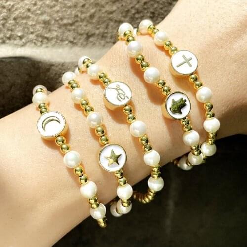 5Pcs 2021 Fashion Gold Plated Bracelet With Pearls Cross Star Moon Elastic Bracelet Natural Pearl Bracelet