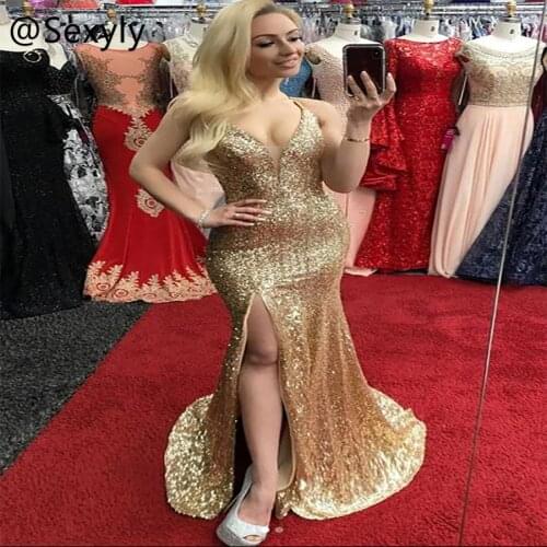 Glitter Mermaid Gold Sequin Evening Dress With Slit 2021 Sexy V Neck Plus Size Formal Prom Dresses Vintage Black Girl Long Party