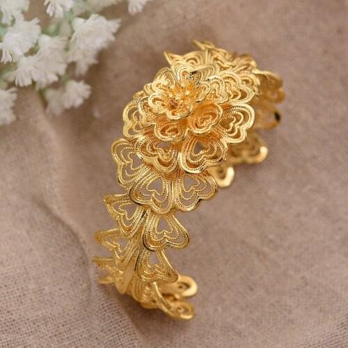 African indian Bracelet jewelry Gold Color Flower Bangles for Women Girls Dubai Circle Ethiopian Bride Wedding Jewelry