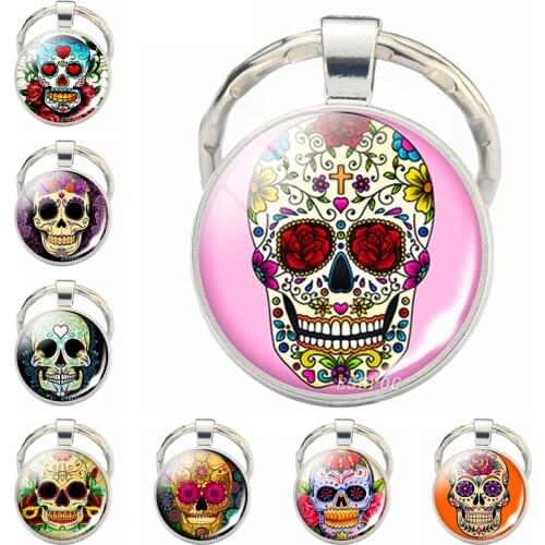 Sugar Skull Keychain Mexico Folk Art Sugar Skull Glass Pendant Metal Keyring Day of the Dead Jewelry Gift Halloween Gift