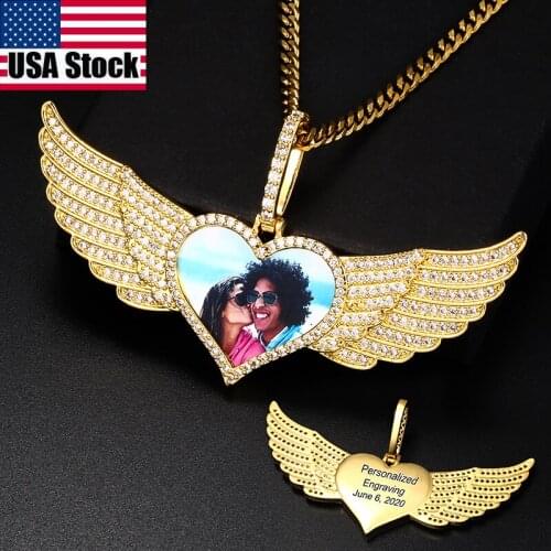 Angel Wing Heart Memory Medallions Custom Photo Pendant Necklace Women Hip Hop Jewelry Necklace Custom Engraved Name Pendant