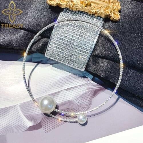 TREAZY Korean Fashion Rhinestone Choker Necklace For Women Girls Big Small Pearl Open Choker Collar Bridal Wedding Party Jewelry