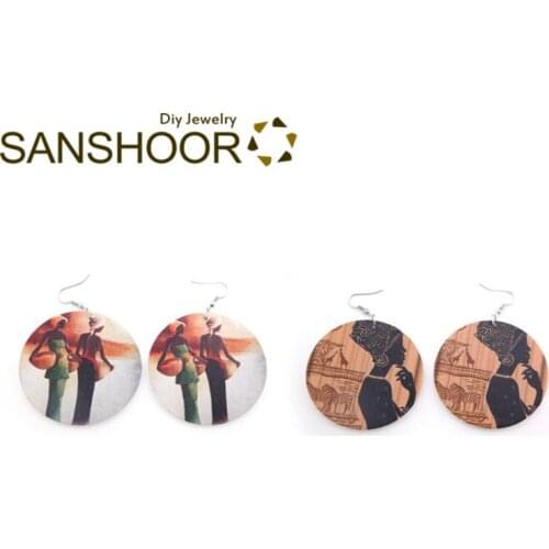 SANSHOOR Printed Afro Wooden Earrings Artist Paint African Woman Ethic Style Fashion Dangler Pick for Black Female Gift 6 Pair