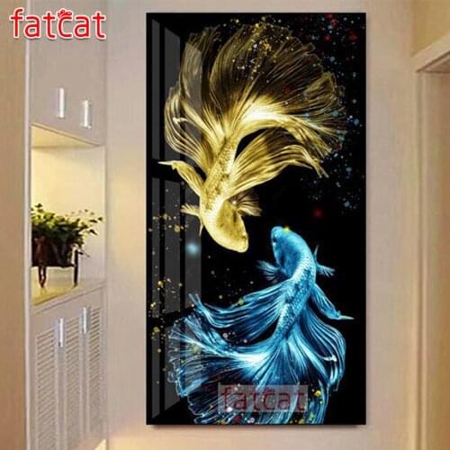 FATCAT Golden blue carp Large Diy Diamond Painting Full square round drill 5d Diamond Embroidery Fish Mosaic Decoration AE2252