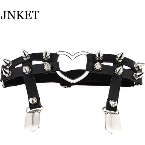 JNKET Rivets Heart Punk Womens Garters Strap PU Leather Leg Belt Rock Hip-hop Leg Rings Suspenders Straps Adjustable Buckle