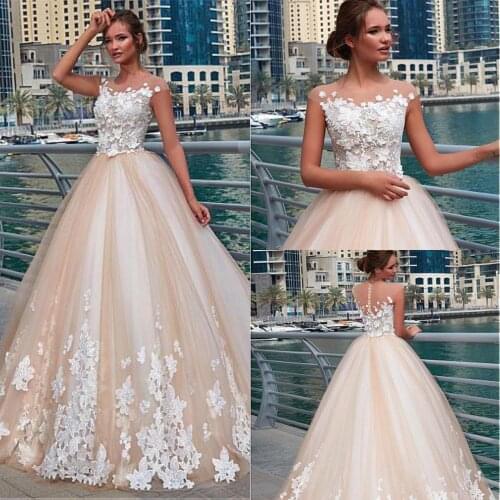 Classic Illusion Neckline Tulle Ball Gowns Appliques Floor Length Bridal Dresses Custom Made Robe De Mariee