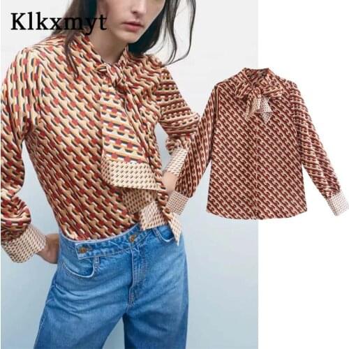 Klkxmyt Za Women Shirt Geometric Print Woman Blouses 2021 Fashion Tied Button Up Vintage Shirts Top Long Sleeve Elegant Blouse