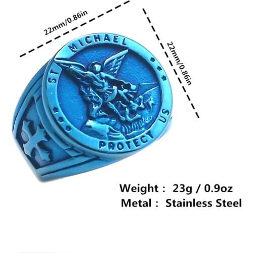 Cross Saint Michael Protect US 316L Stainless Steel Blue Ring