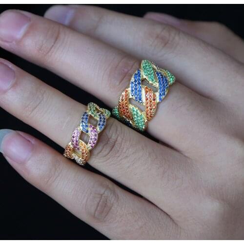 Cuban women men fashion twisted link chain rings gold filled punk hip hop men finger jewelry micro pave rainbow cz dropshipping