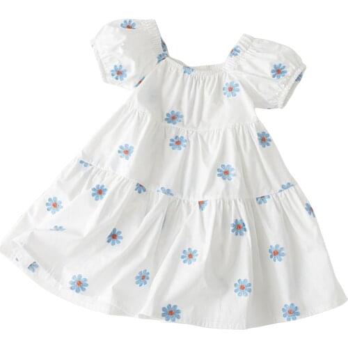 3-8Years Toddler Summer Princess Dress, Baby Girl Flower Print Short Sleeve Square Collar