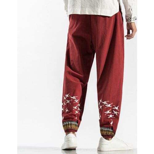 Large Size Crane Embroidery Trendy Chinese Style Jogger Pants Red Burgundy National Loose Linen Oriental Style Trousers Flax New