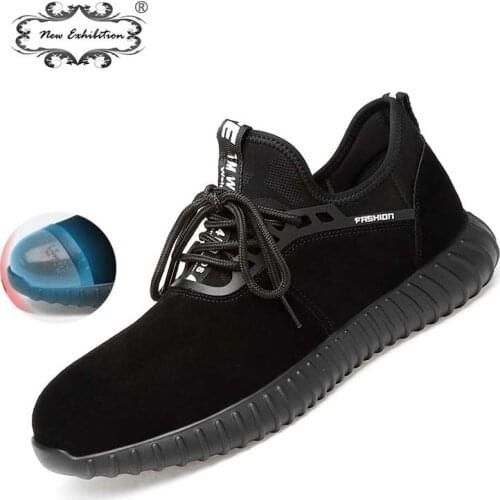 New exhibition Cow Suede Leather Men Safety Shoes fashion Breathable Steel Toe Lightweight fiber Work Boots Mens Leisure Sneaker