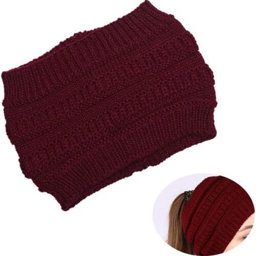 H:HYDE Ponytail Beanie hat Women Stretch Knitted Crochet Beanies cap Winter Autumn Hats Cap For Women Warm Lady