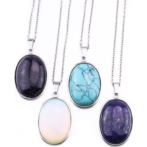 30MM Oval Natural Stone Necklaces Pendants Pink Quartz pink Crystal Tiger Eye Opal Neklace