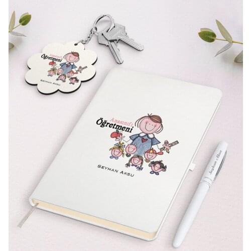 Personalized Kindergarten Class Teacher White Notebook Pen And Keychain Gift Seti-2