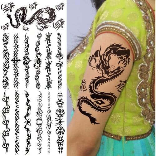 Realistic Black Dragon Fake Tattoo Sticker For Women Lady Indian Tribal Totem Temporary Tattoos Thorns Waterproof Tatoo Large