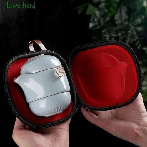 Ru Kiln Ceramic Porcelain Kung Fu Tea Set Teaware Tea Pot and Cup Set One Pot Two Cup Tea Travel Tea Set Portable Kungfu Tea Set