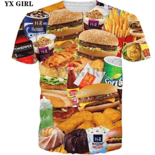 YX GIRL Brand clothing Free shipping 2018 summer Cool t-shirt Food hamburger 3d print Men Women T shirts Harajuku style Tees