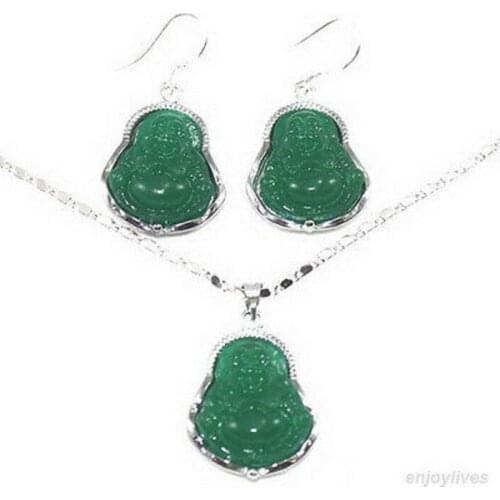 Green Jade Laughing Buddha Amulet White Gold Plate Hook Earring Pendant Necklace set Natural jew