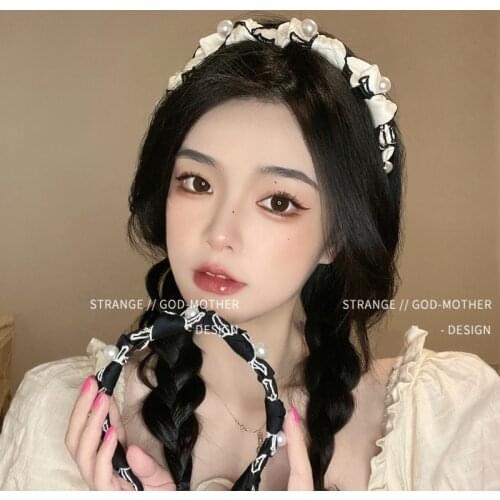 Pearl hair clip headband for women summer summer pleated hair bundle for face wash non-slip headband black and white headdress