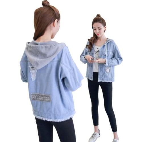 Spring Autumn Womens Denim Jacket 2019 New Joker Loose Hooded Hole Single Breasted Long sleeve Thin Jacket Outwear Female Q469