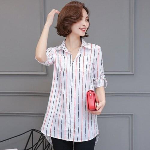 #3002 Spring Vertrical Striped Print Blouse Women Korean Style Plus SIze Blouses For Women Loose Turn-down Collar Office Blouse